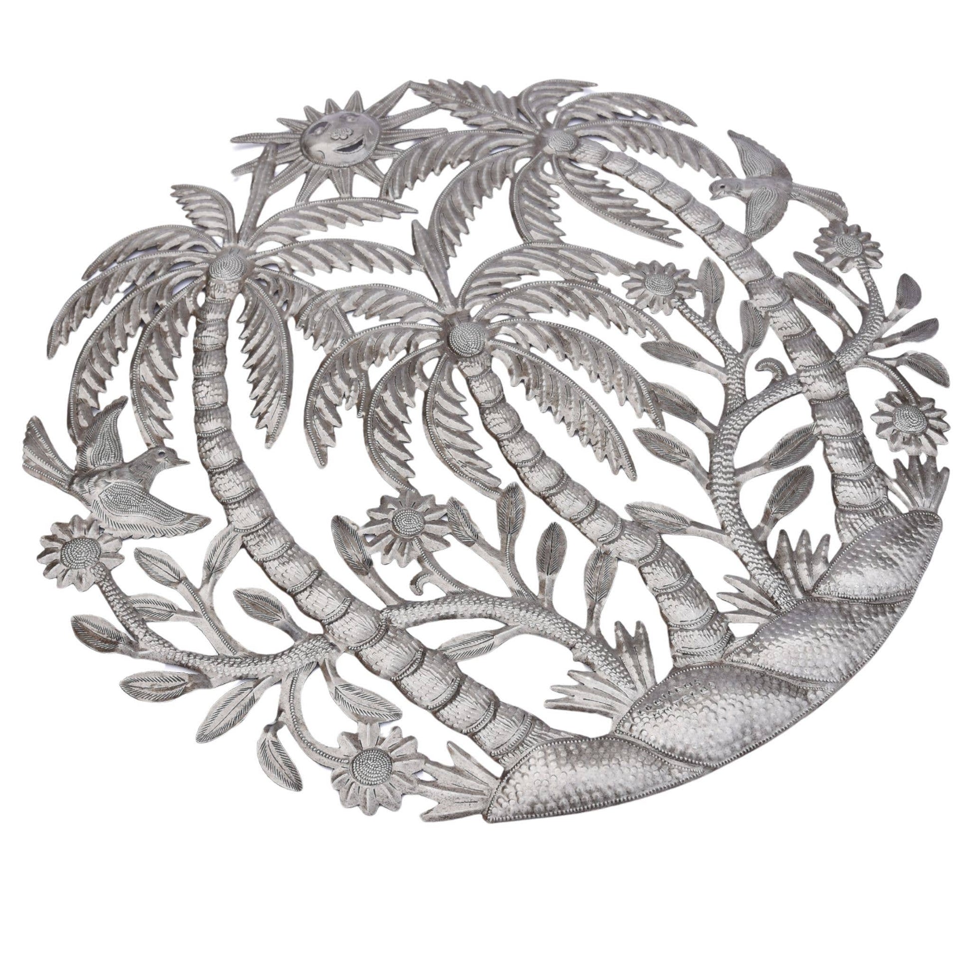 Haitian Metal Wall Art – Palms, Sun & Birds, Fair Trade 23"