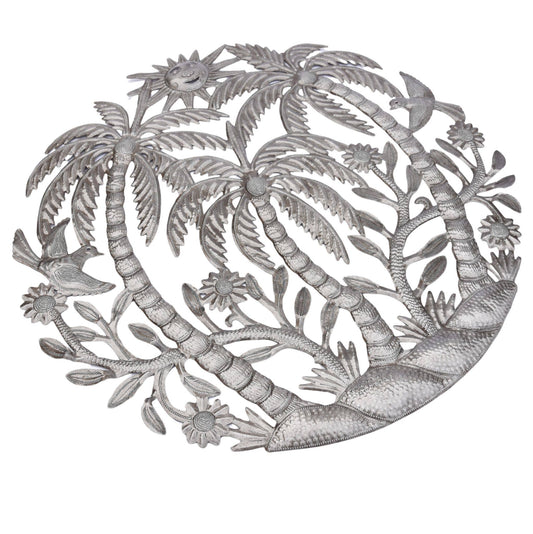 Haitian Metal Wall Art – Palms, Sun & Birds, Fair Trade 23"