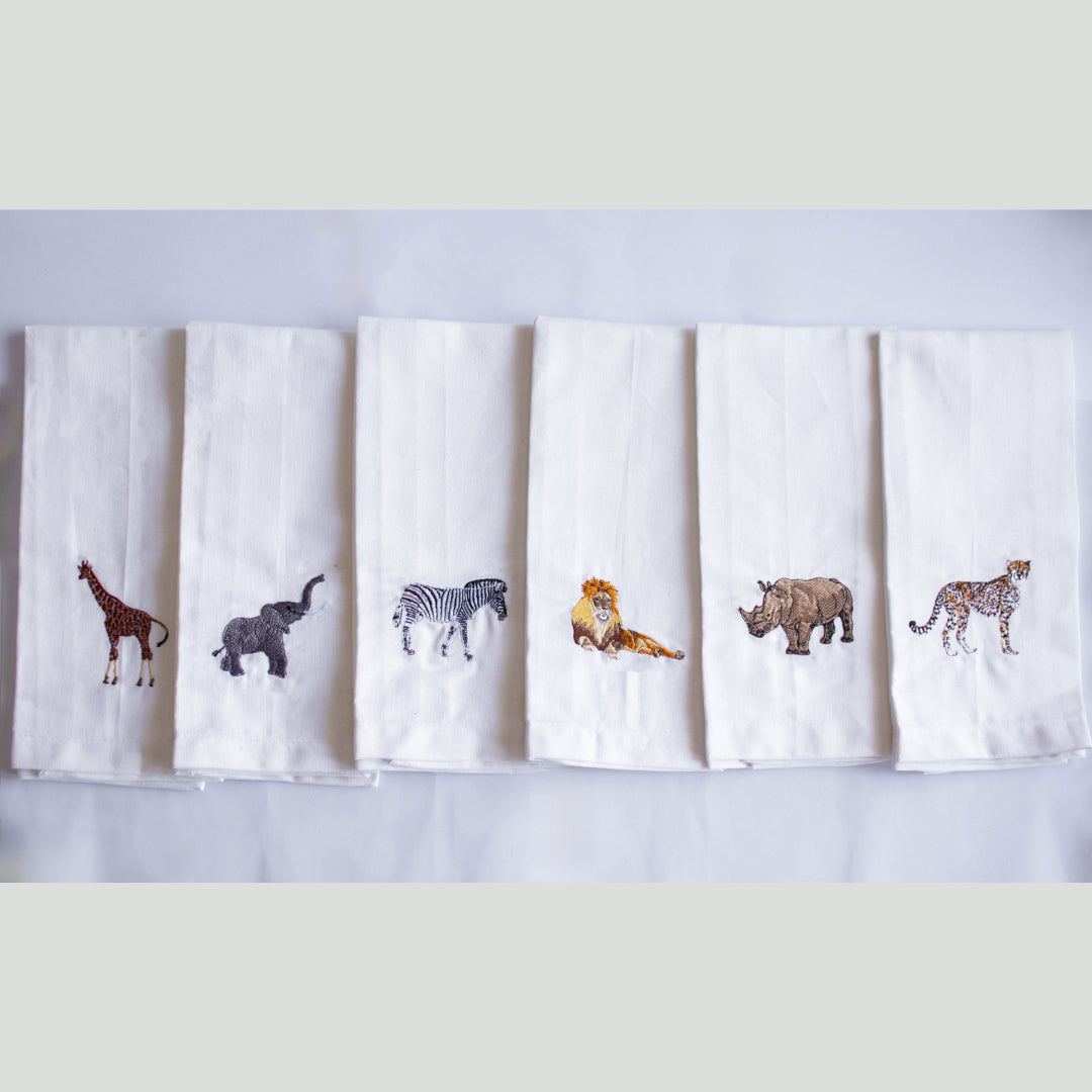 Handmade African wildlife embroidered cotton kitchen tea towel