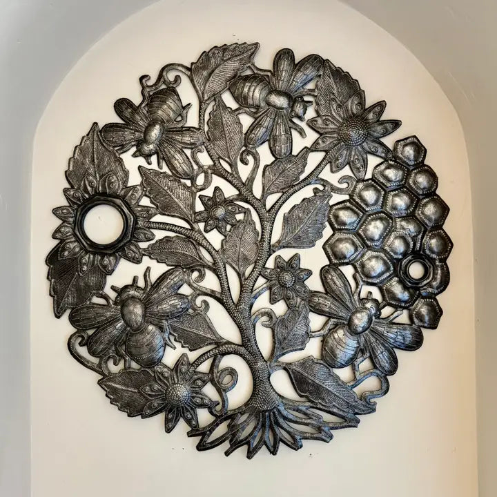Haitian Bee Hive Metal Wall Art Recycled Oil Drum Lid