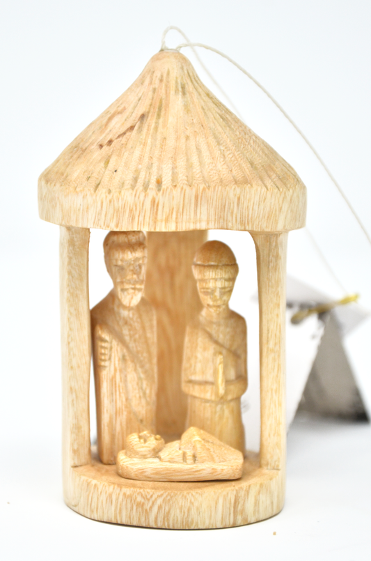 Hand-Carved Nativity Hut Ornament