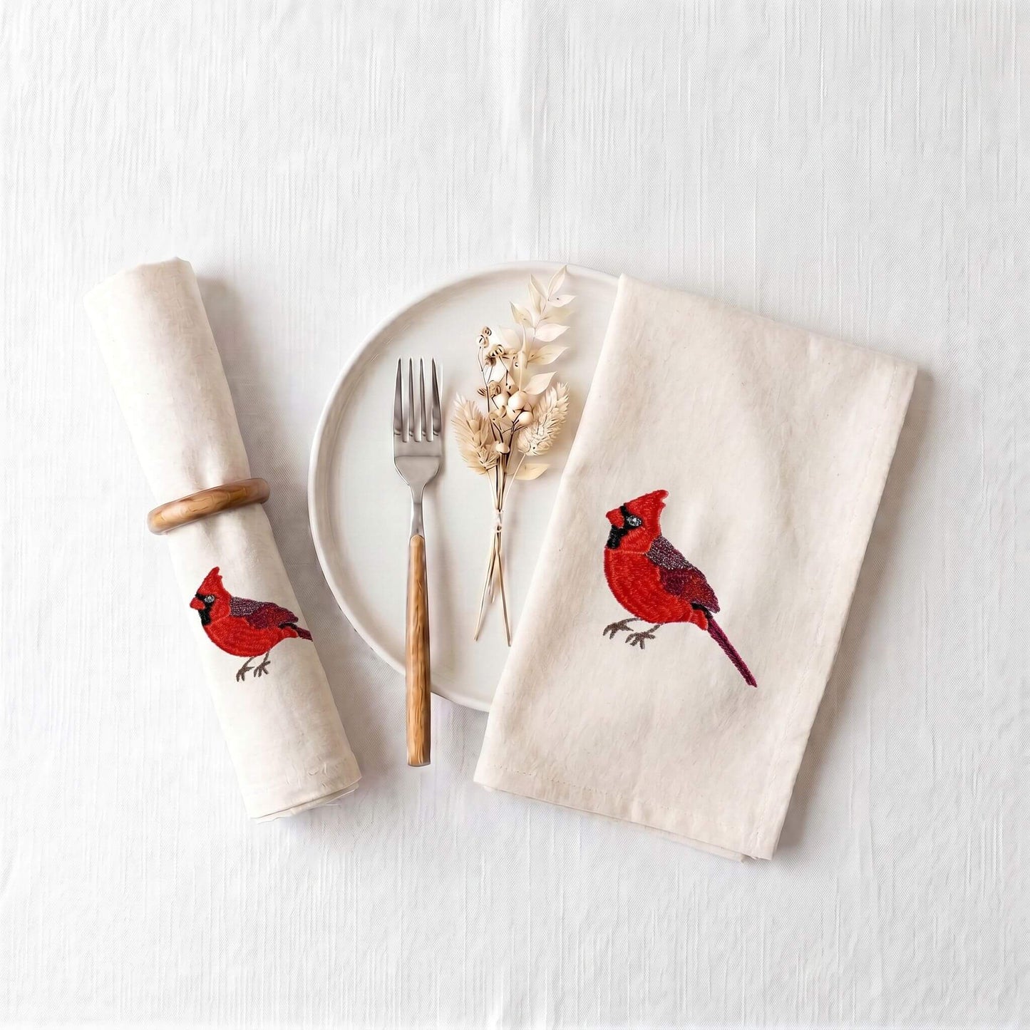 Bird Embroidered Cotton Cloth Napkins - Handmade Set #birds_cardinal