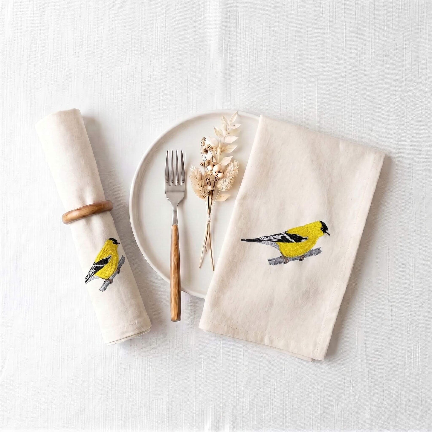Bird Embroidered Cotton Cloth Napkins - Handmade Set #birds_goldfinch