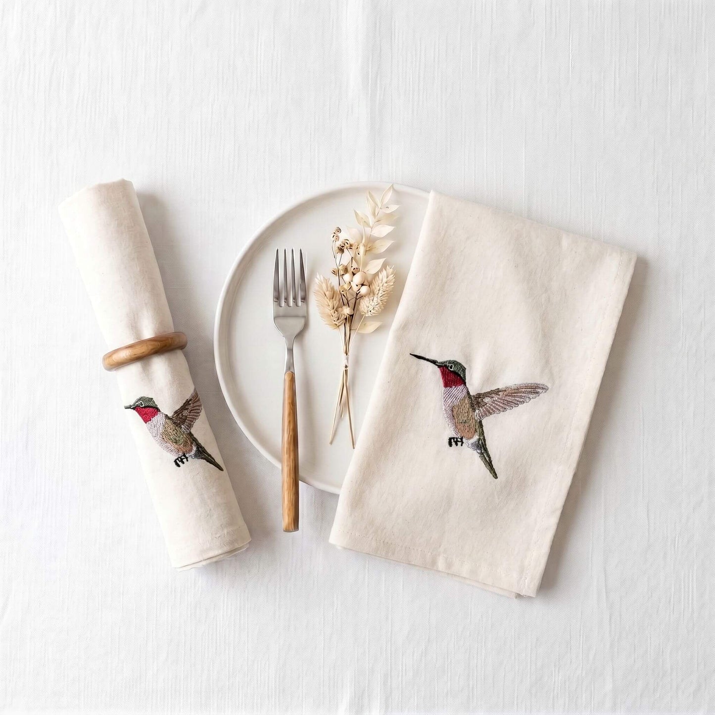 Bird Embroidered Cotton Cloth Napkins - Handmade Set #birds_humming-bird