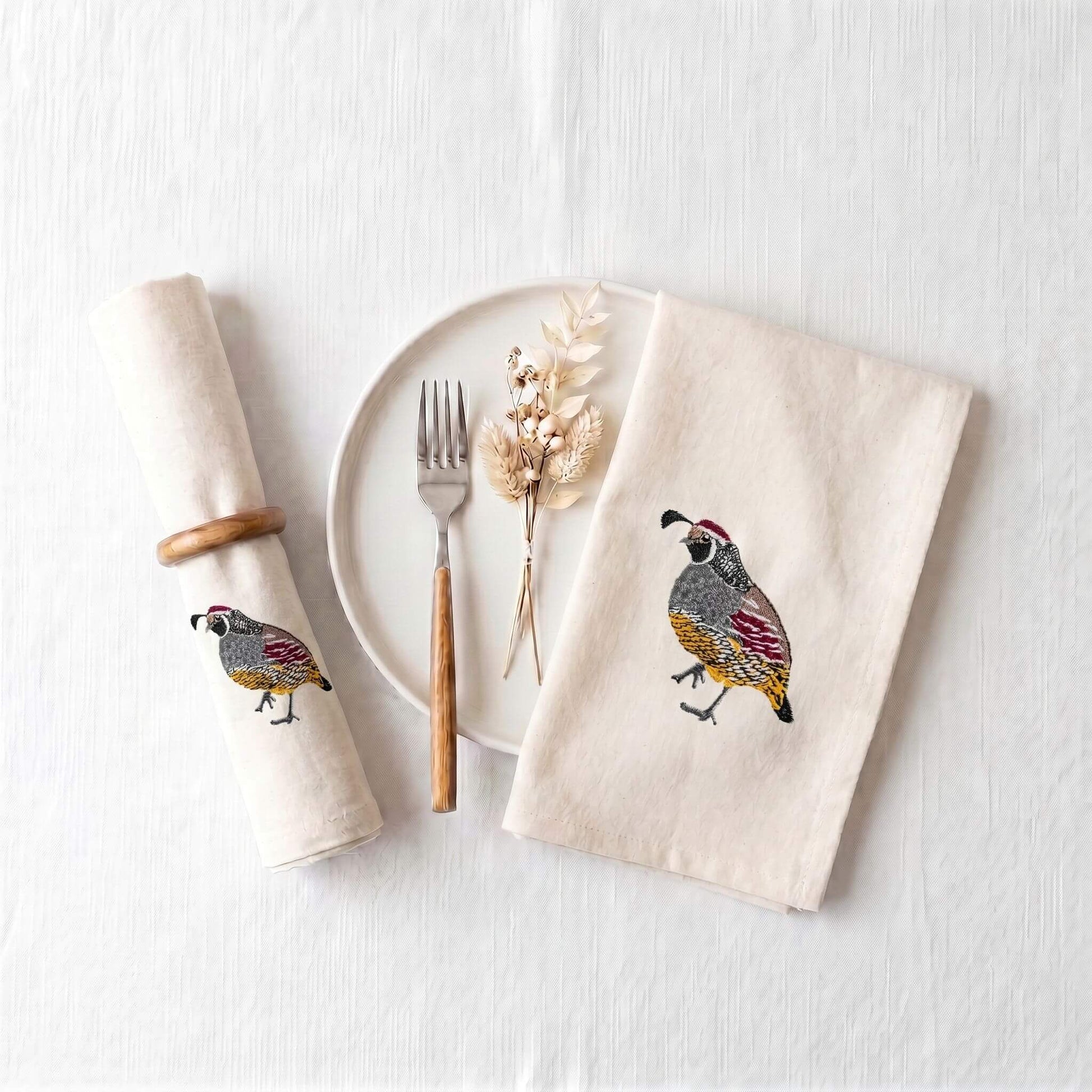 Bird Embroidered Cotton Cloth Napkins - Handmade Set #birds_quail