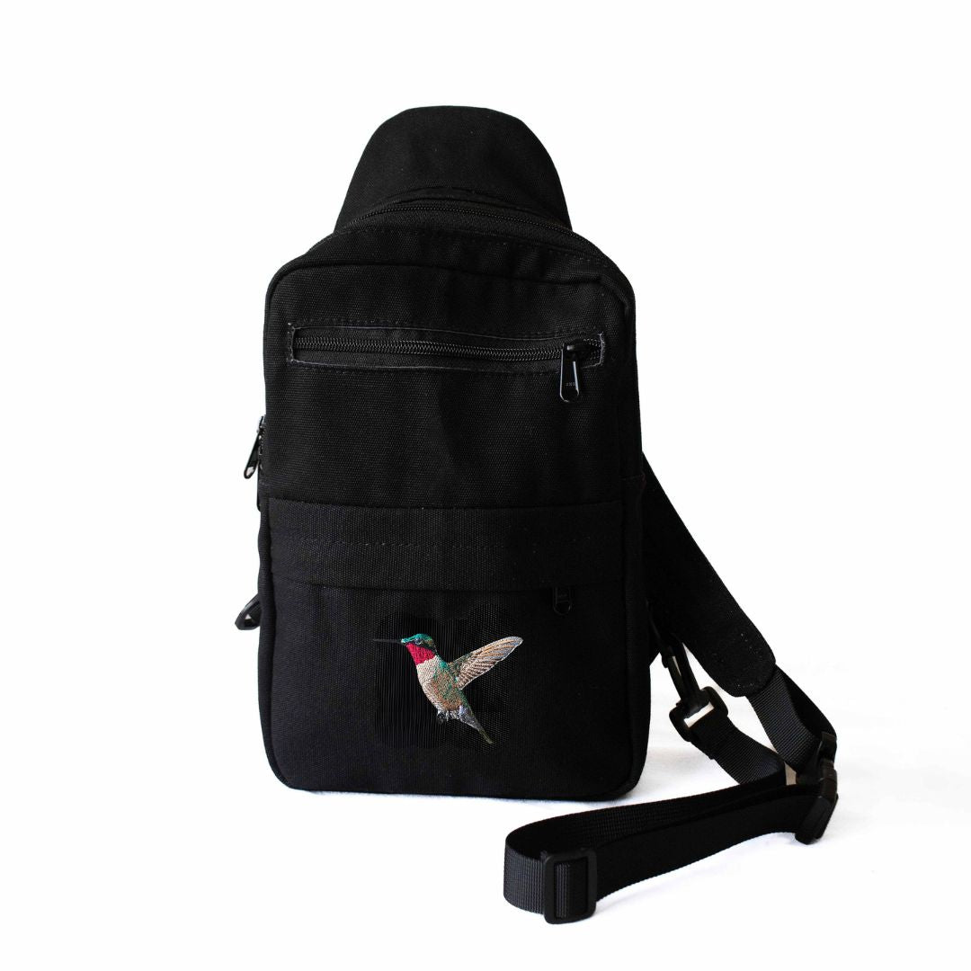 Umoja hummingbird embroidered black canvas sling bag — Ecodunia #color_black