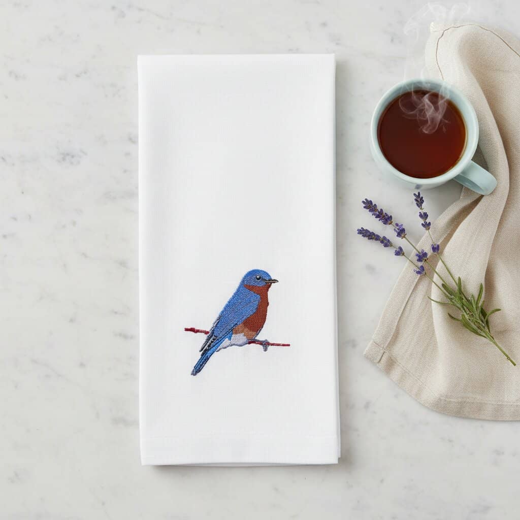 Blue Bird embroidered cotton kitchen tea towel #birds_blue-bird