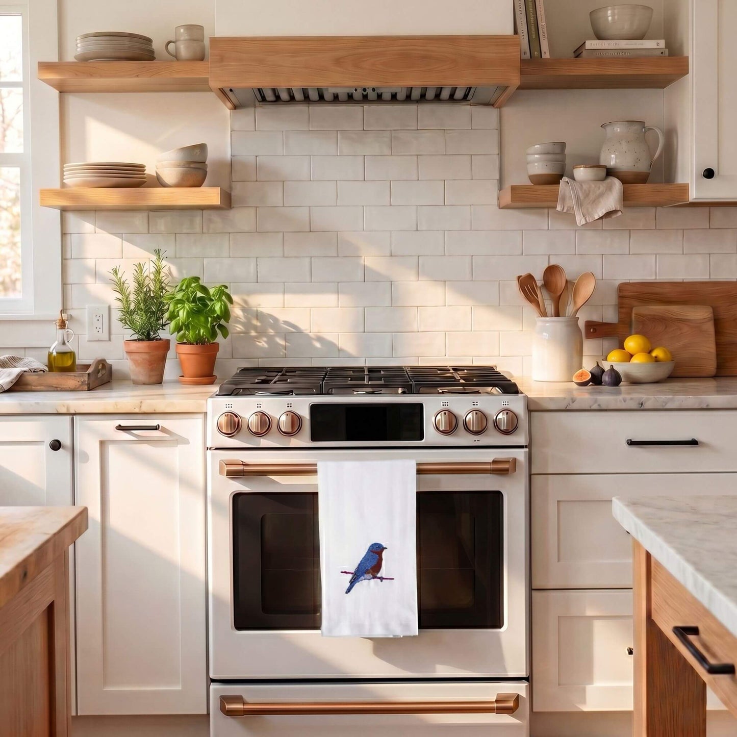 Blue Bird embroidered cotton kitchen tea towel #birds_blue-bird