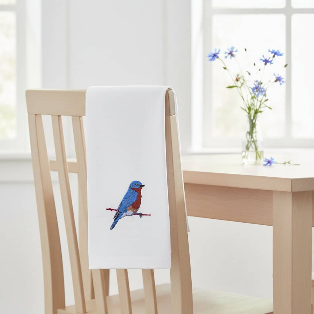 Blue Bird embroidered cotton kitchen tea towel #birds_blue-bird