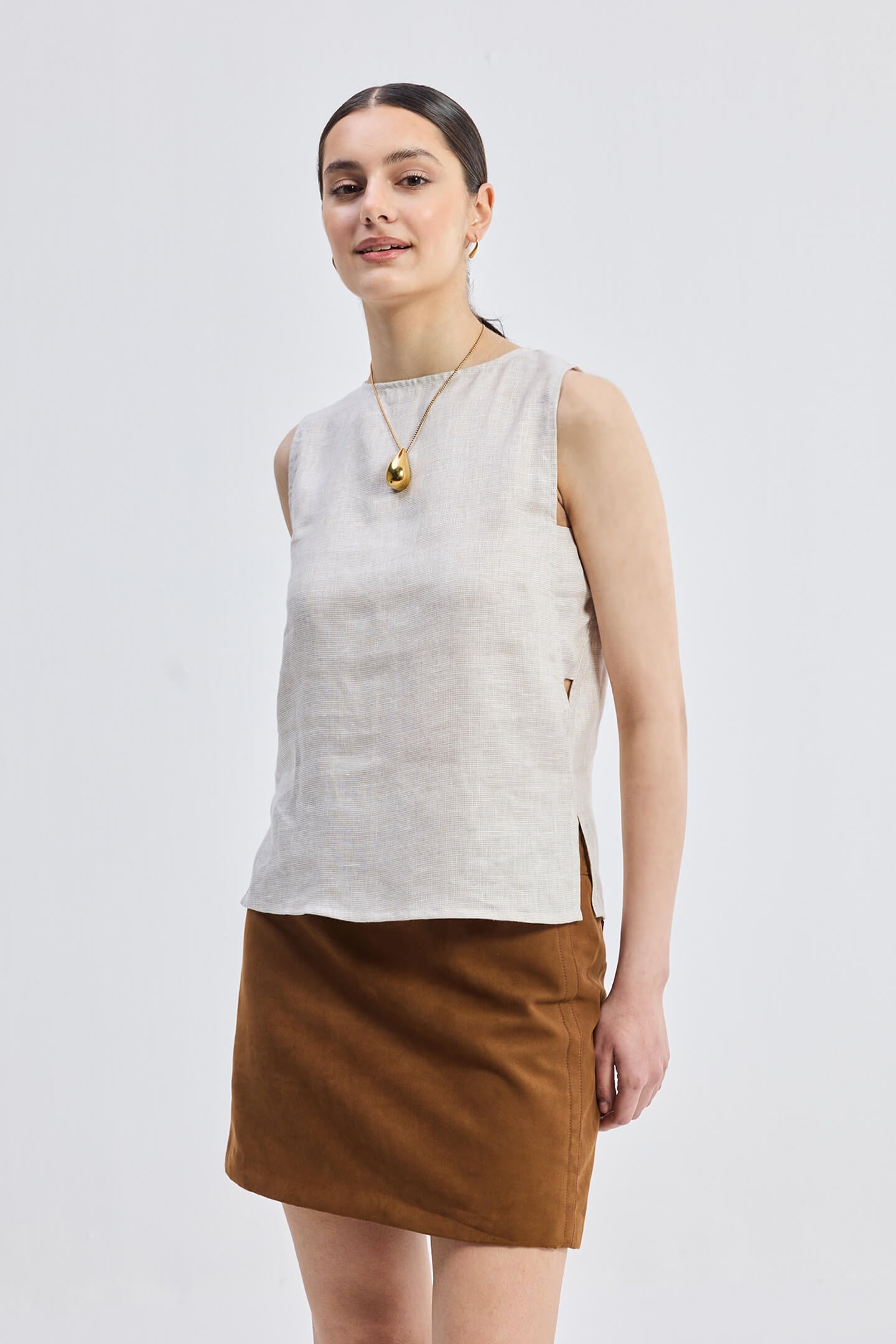 Boat Neck Top in Checkered Linen Front