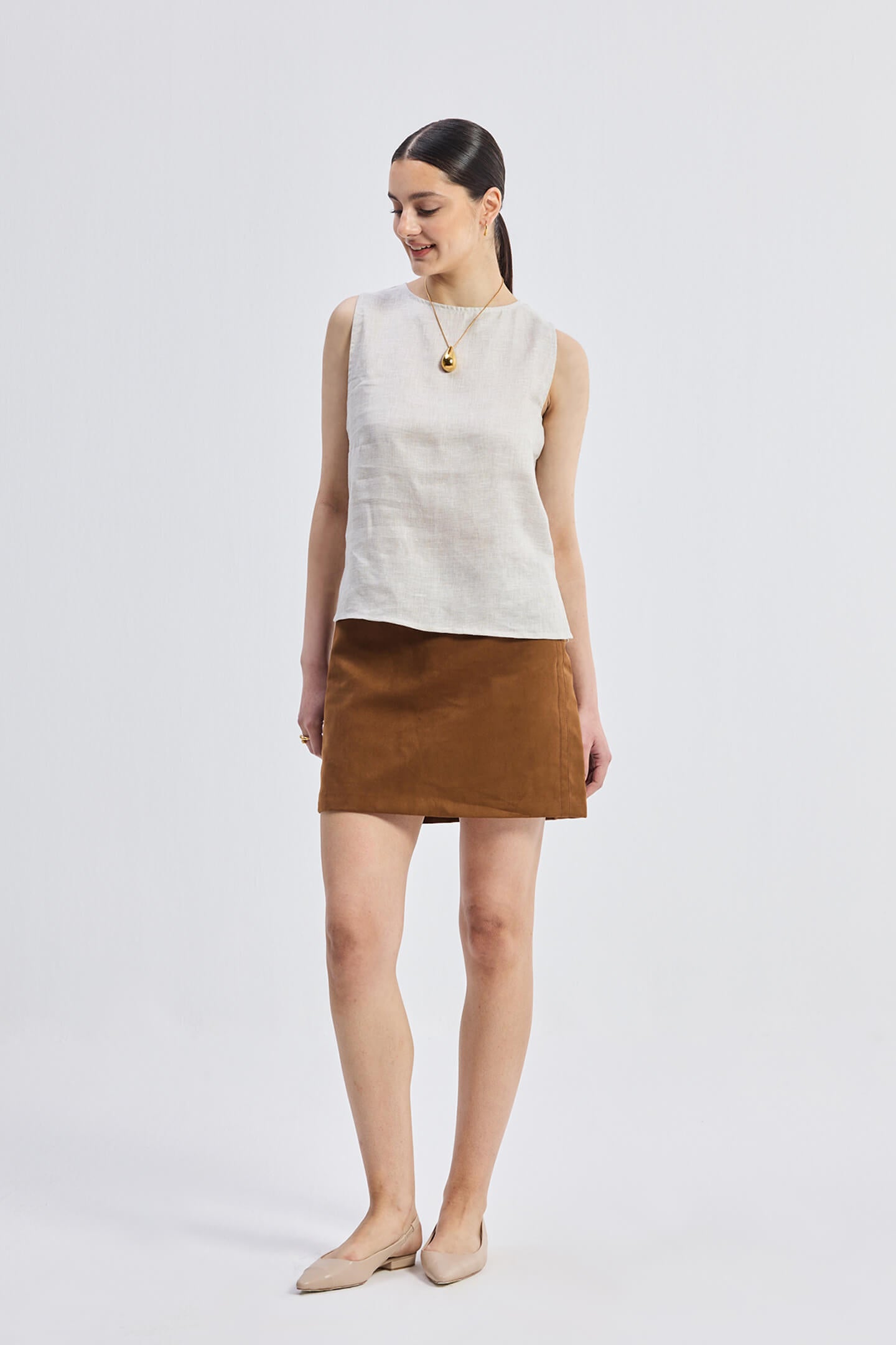 Boat Neck Top in Checkered Linen Font