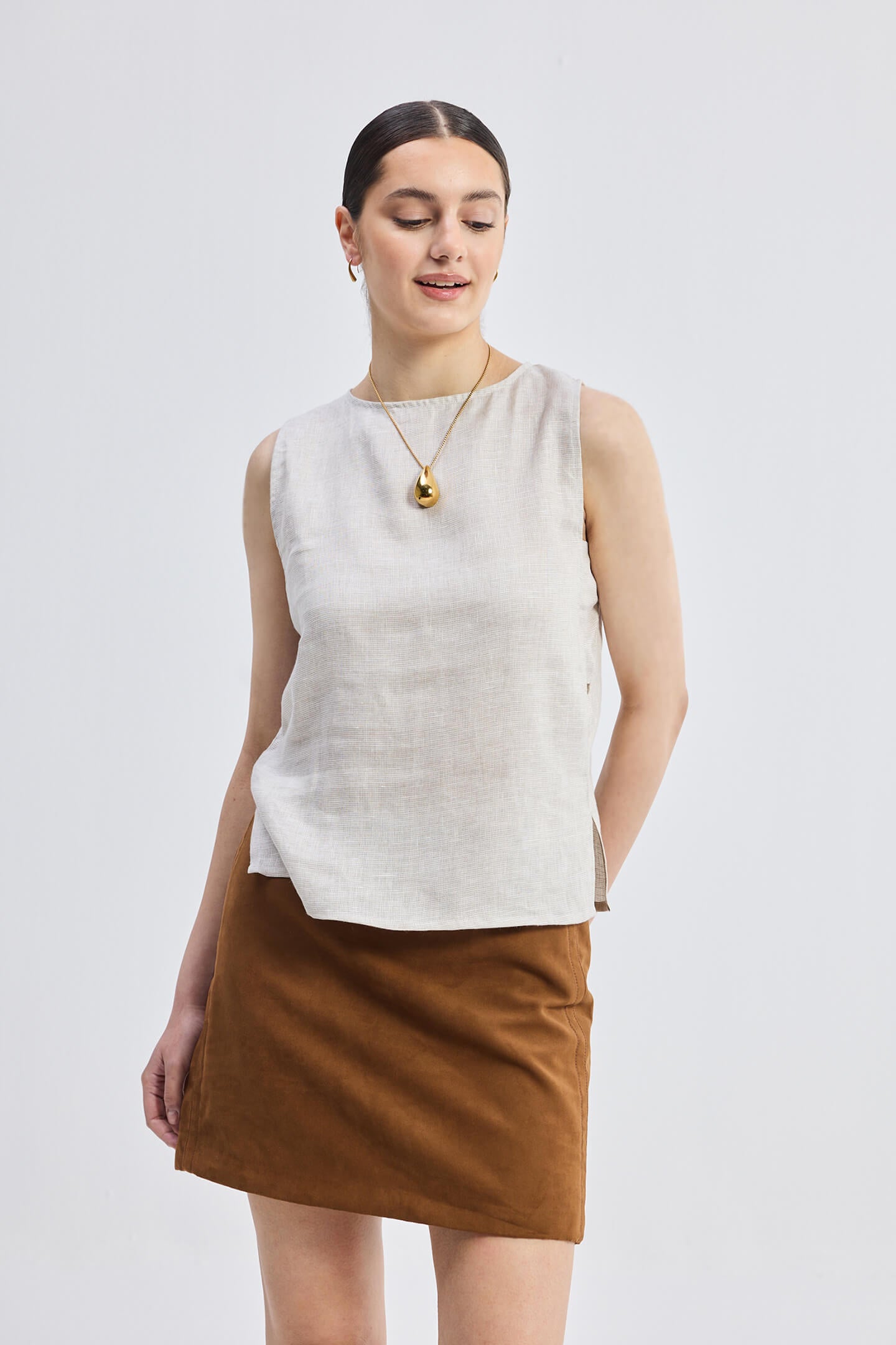 Boat Neck Top in Checkered Linen Front
