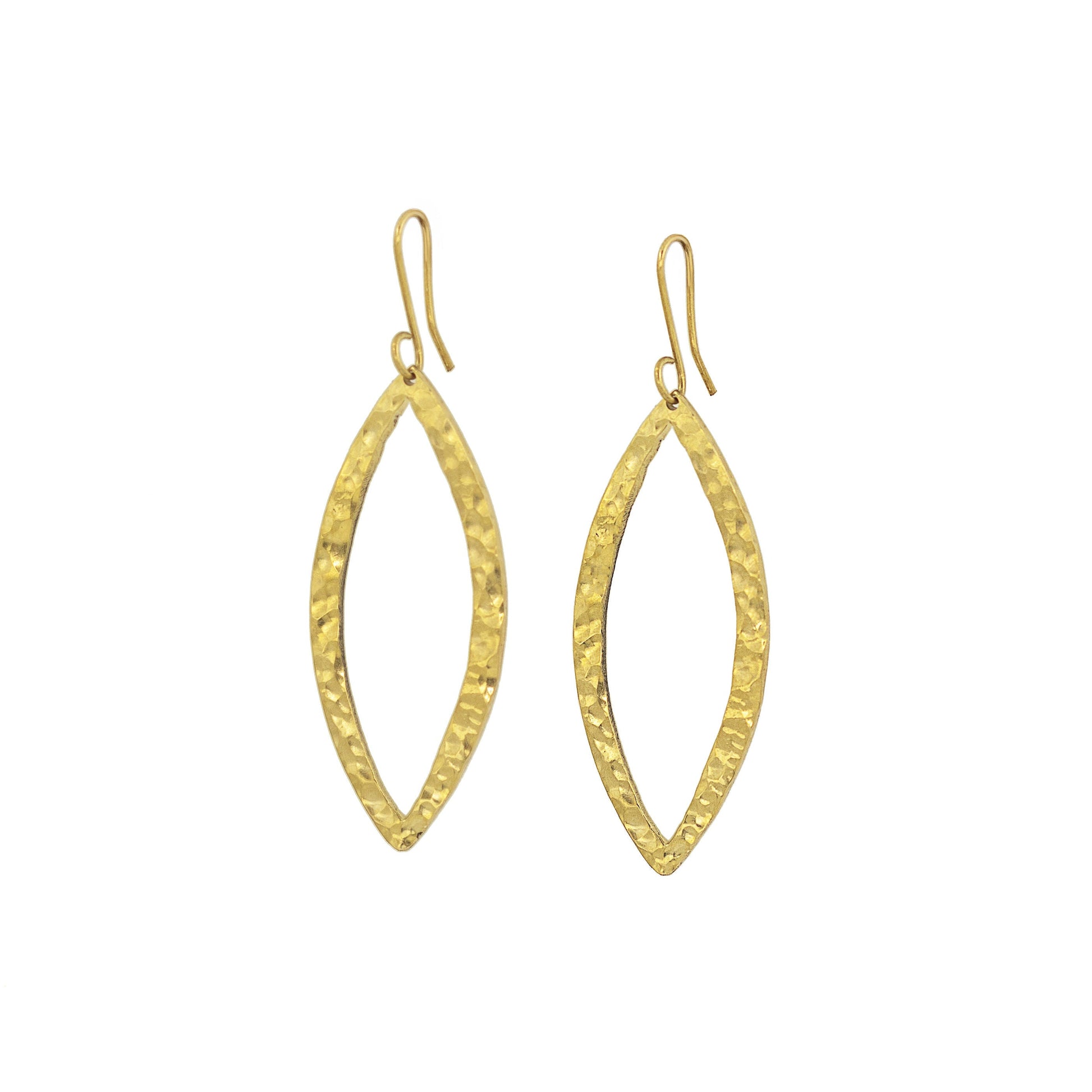 Mombasa hammered marquise leaf brass earrings flat lay — Ecodunia
