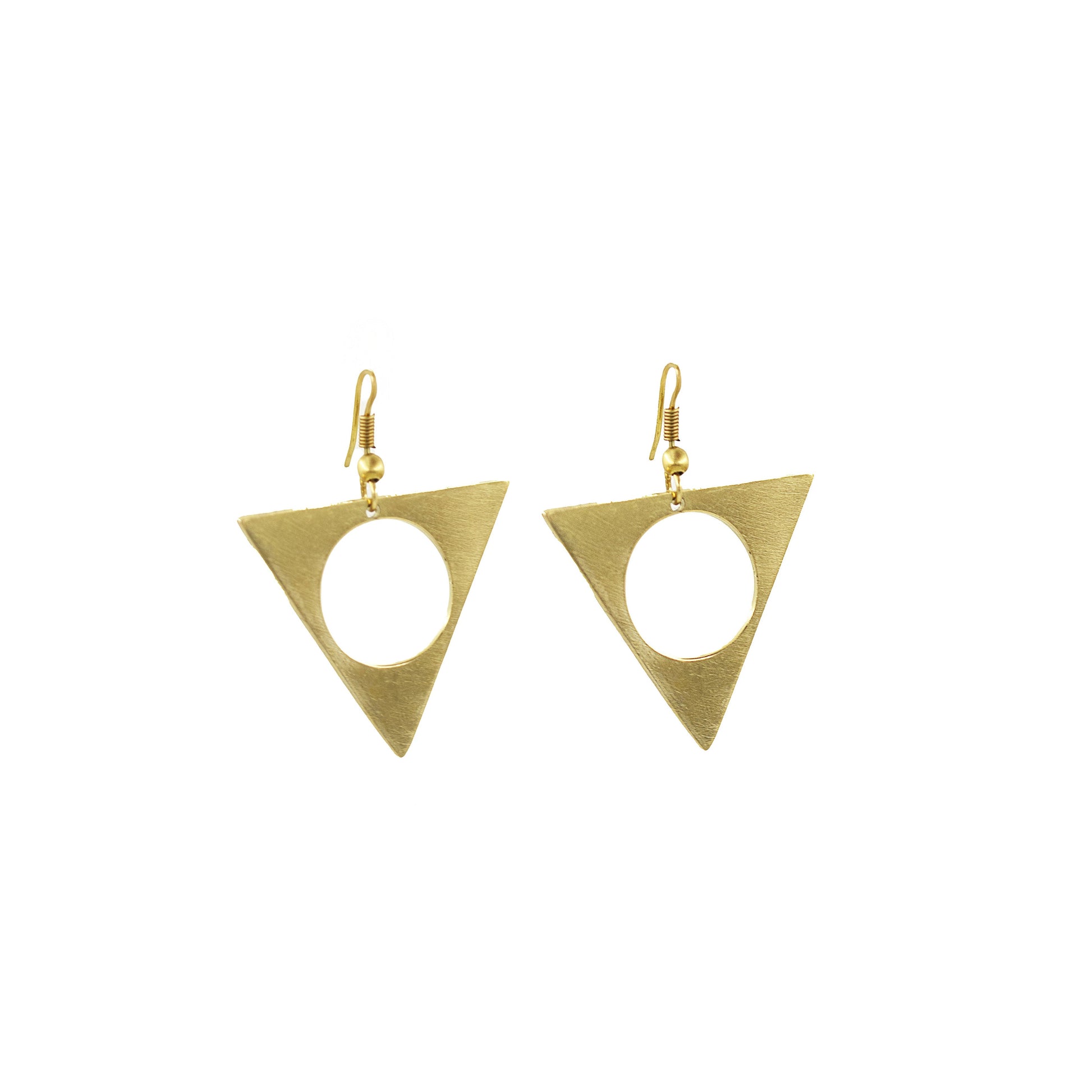 Lia smooth hollow triangle brass drop earrings flat lay — Ecodunia