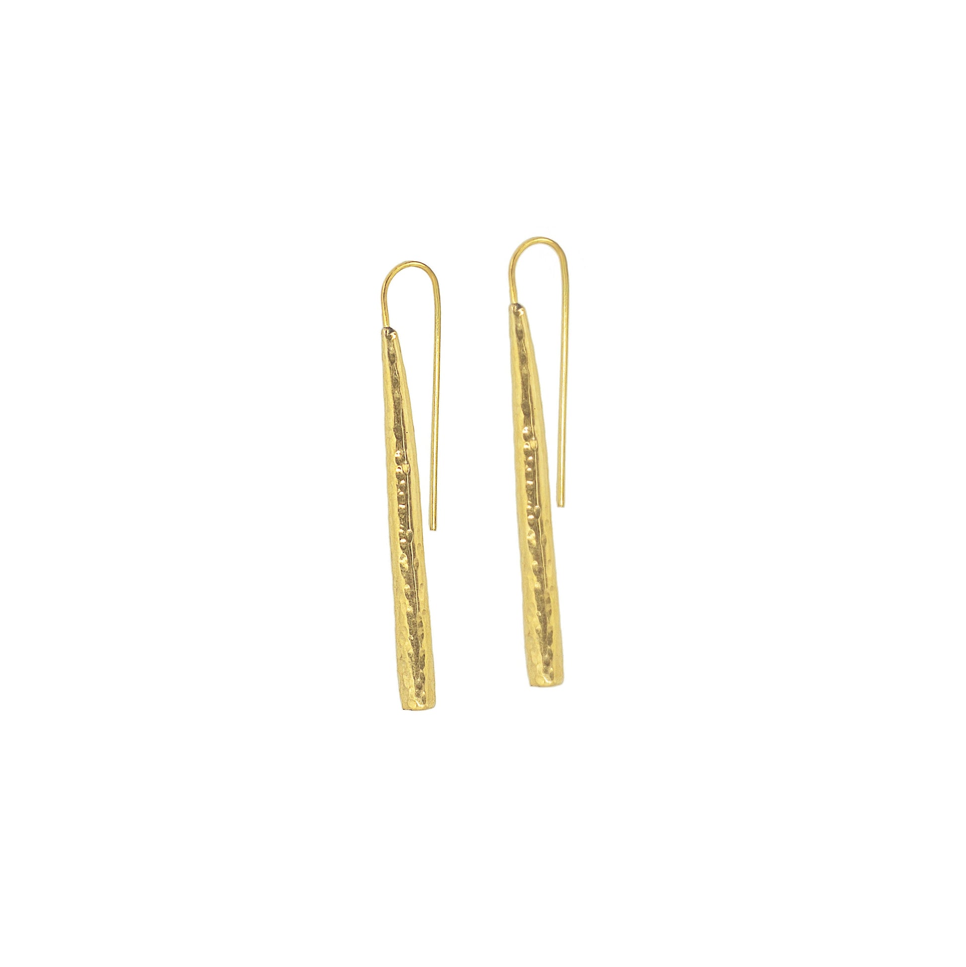 Moja hammered long bar brass drop earrings flat lay — Ecodunia
