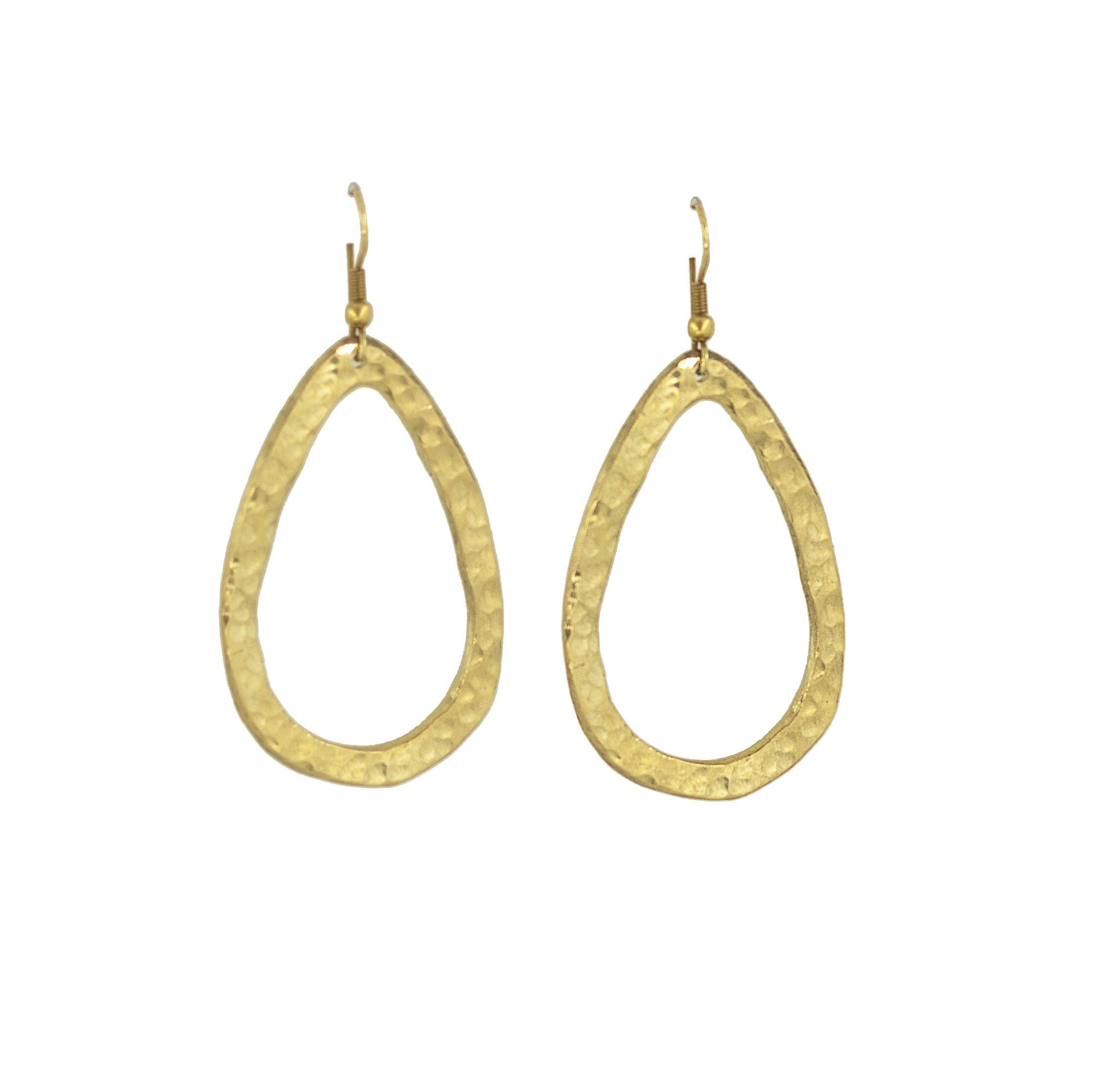 Amani hammered teardrop hoop brass earrings flat lay — Ecodunia