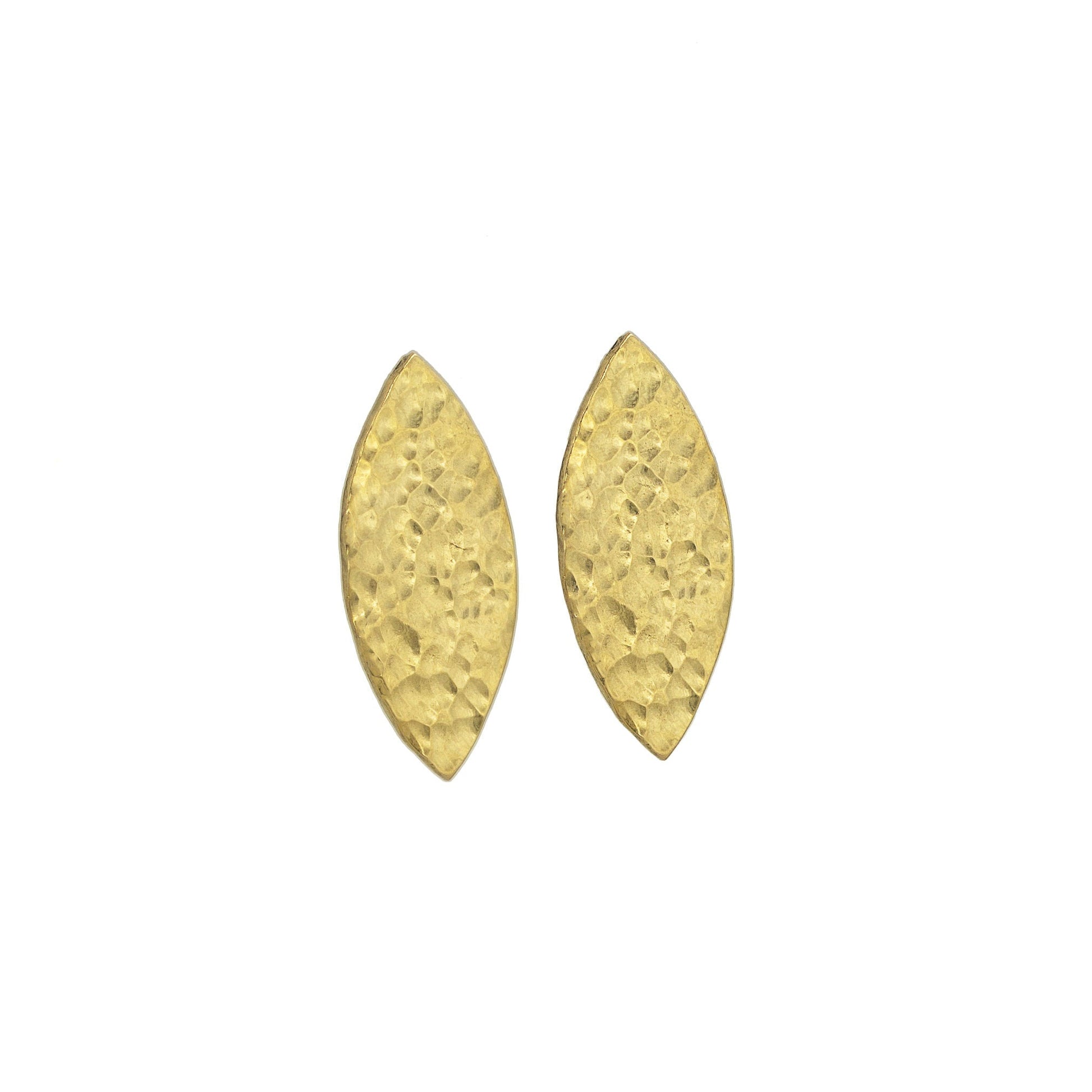 Jiji hammered brass shield pendant earrings worn showing shape