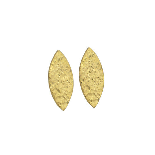 Jiji hammered brass shield pendant earrings worn showing shape
