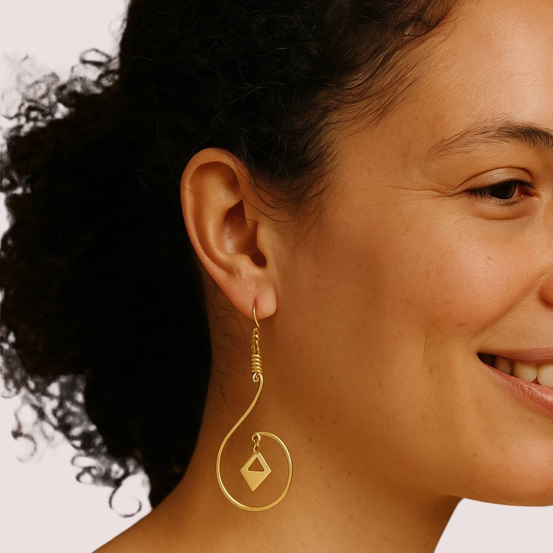 Nuru wire work brass dangle earrings flat lay — Ecodunia