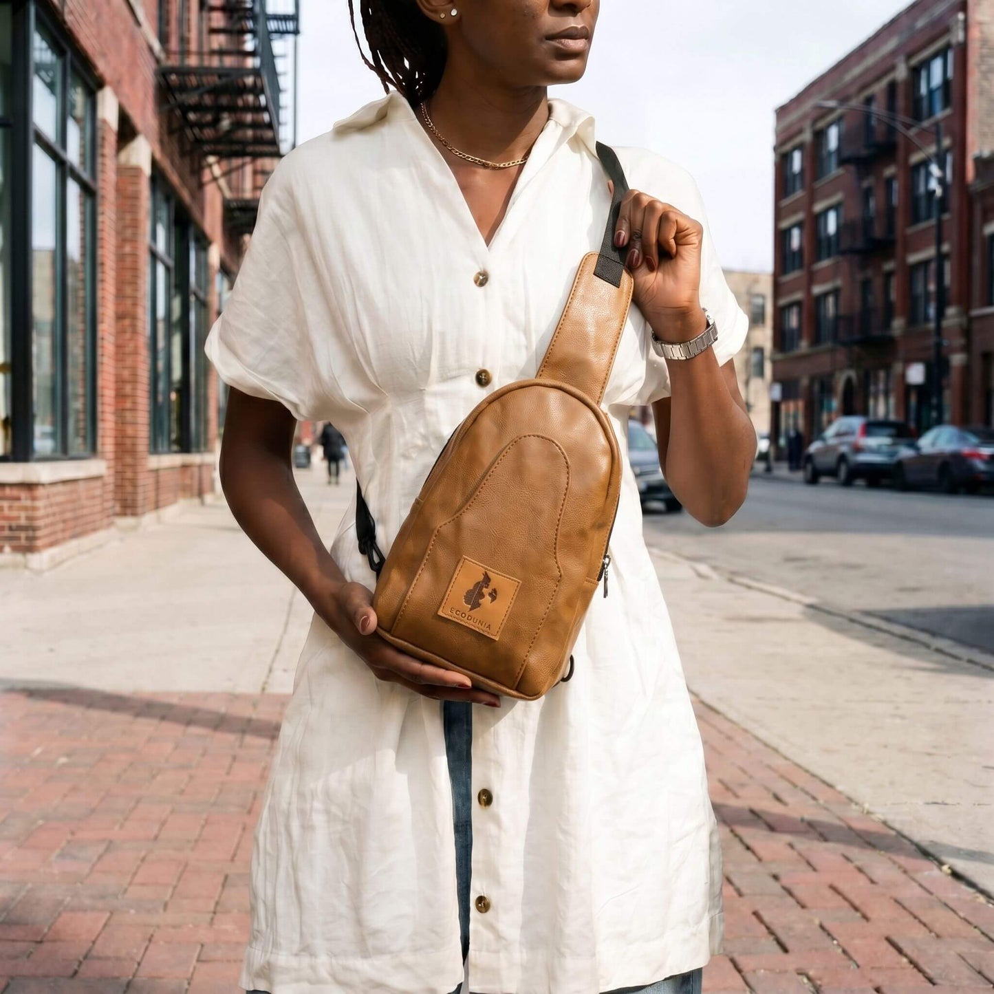 Buru dark tan vegan leather hands-free sling bag #color_dark-tan