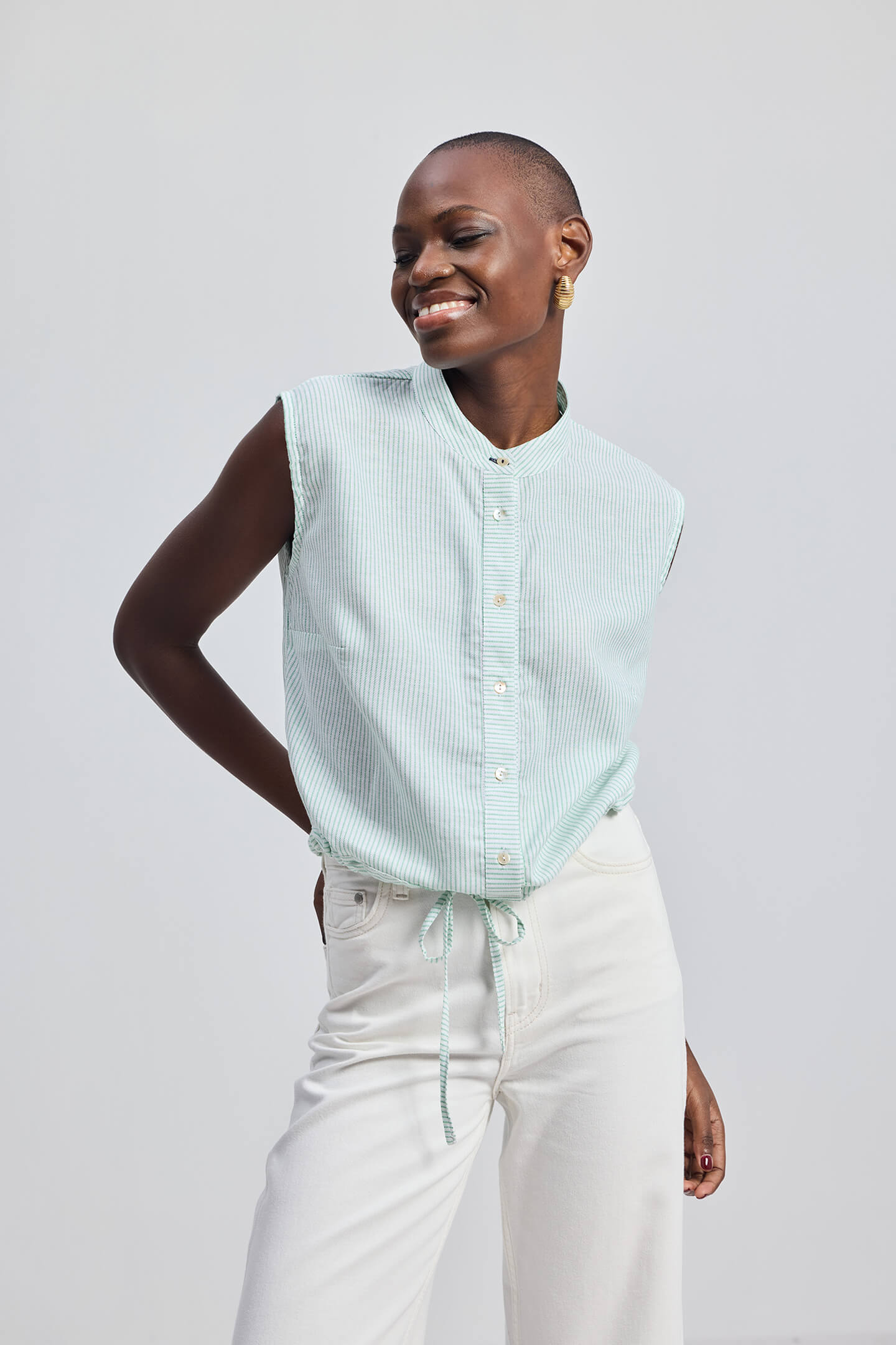 Button-down Shirt with Waist Drawstring in Stripes Moodshot