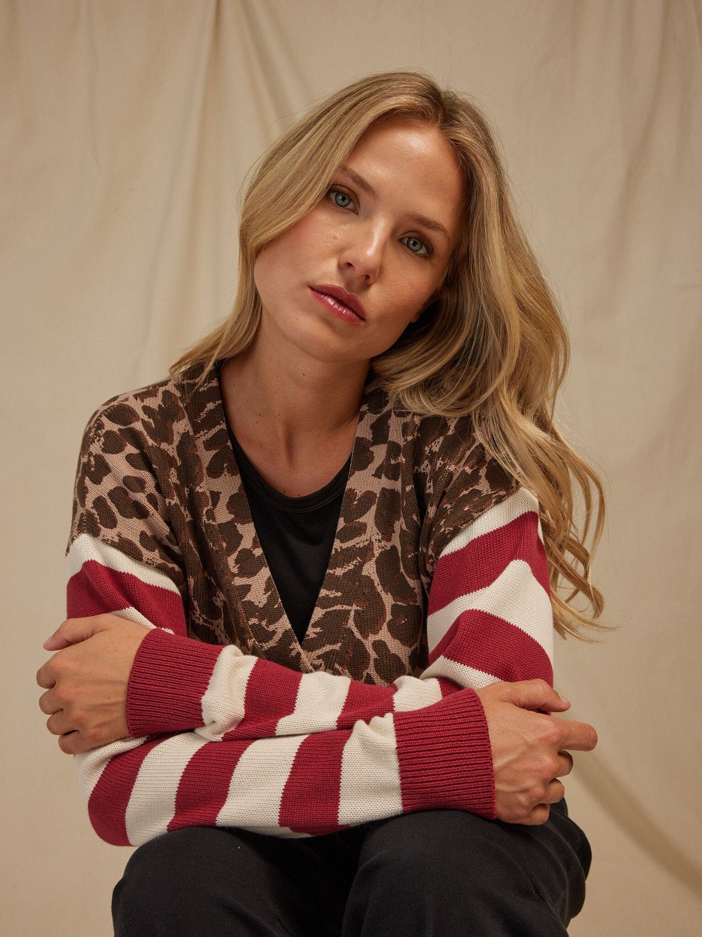 Cicely Print Stripe Mix Sweater Knit Cardigan
