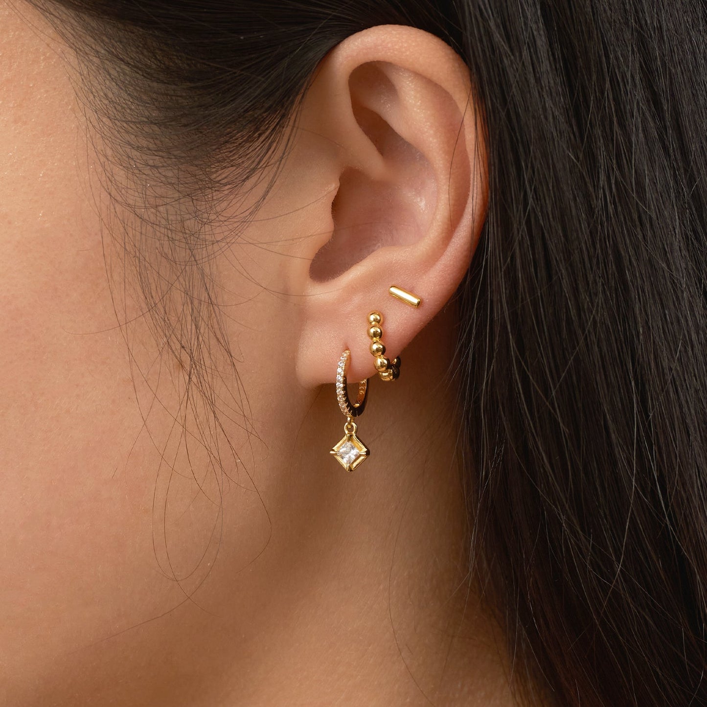 Diamond Shaped Dangle CZ Pave Hoop Earrings