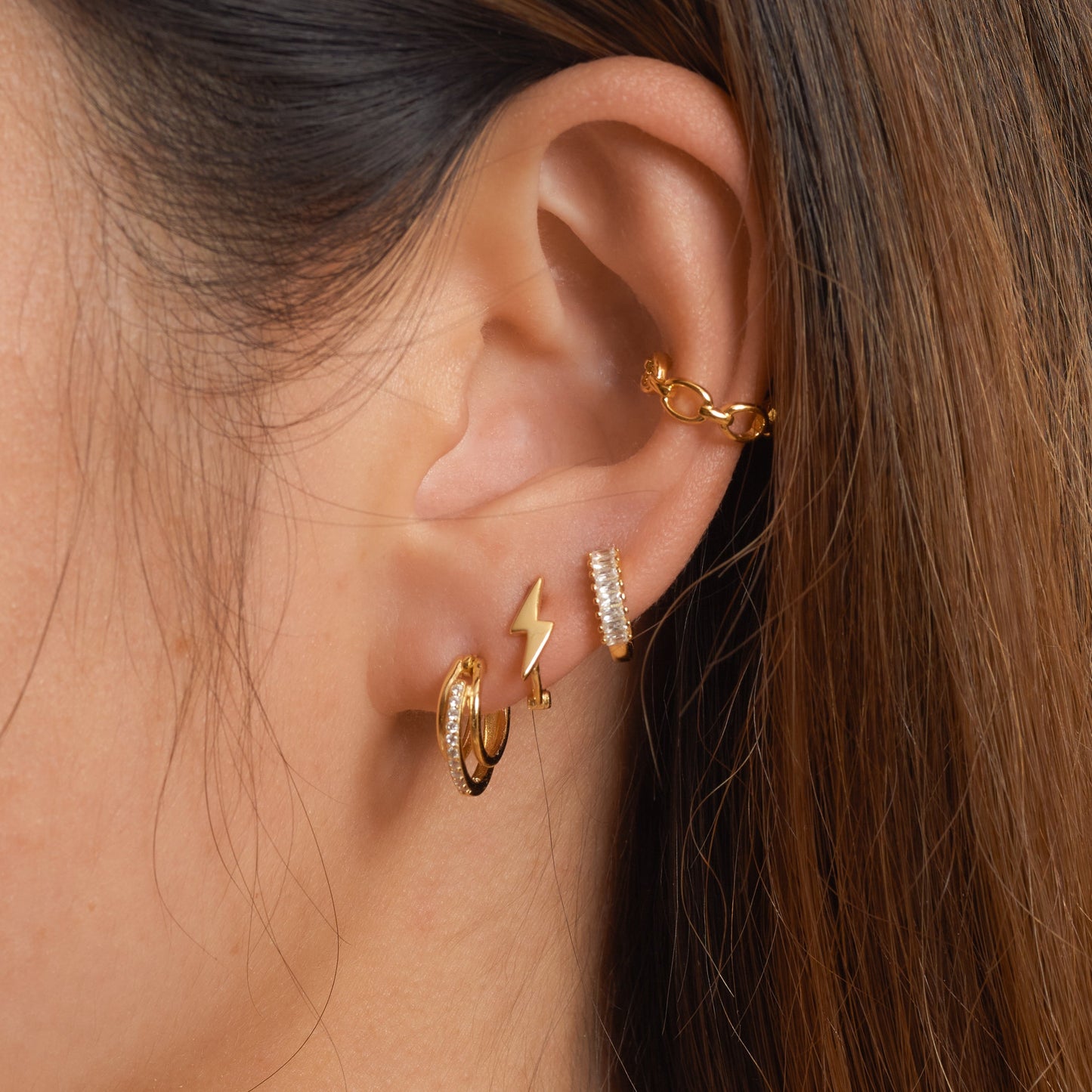Black Baguette CZ Pave Huggie Hoop Earrings