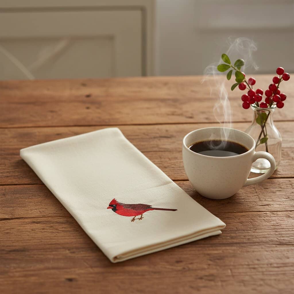 Cardinal tea towel embroidery detail on unbleached cotton