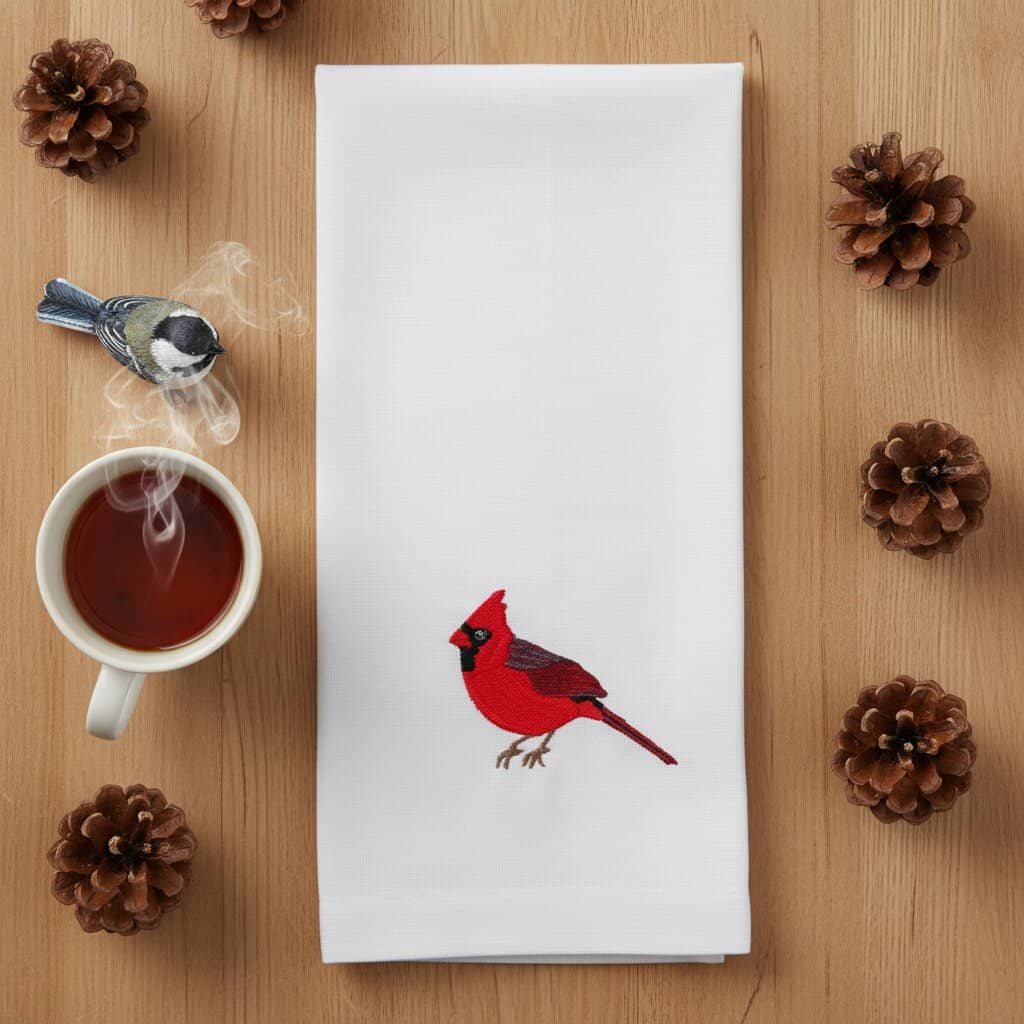 Bird embroidered cotton tea towel handmade detail
