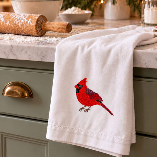 Cardinal embroidered cotton tea towel - EcoDunia #birds_cardinal
