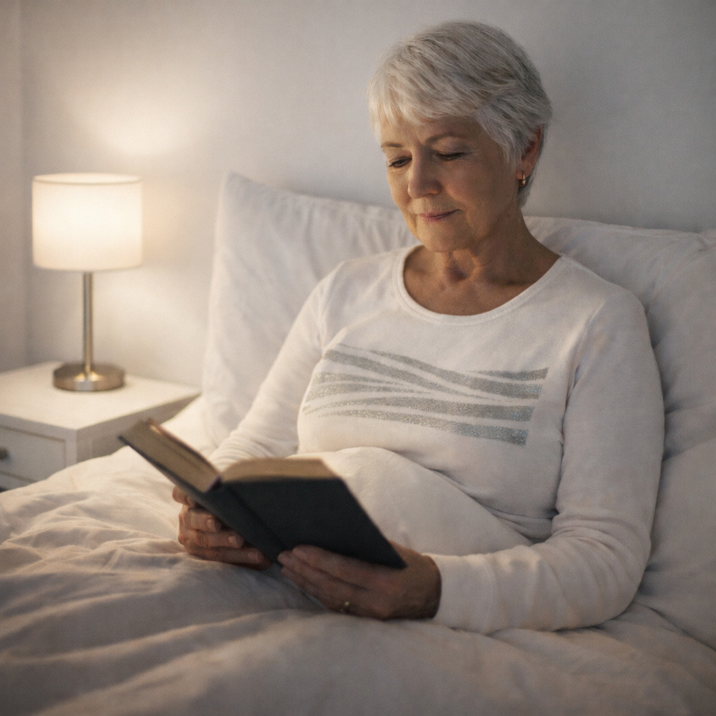 Woman reading a book in bed wearing a Sleep of Mind pajama top