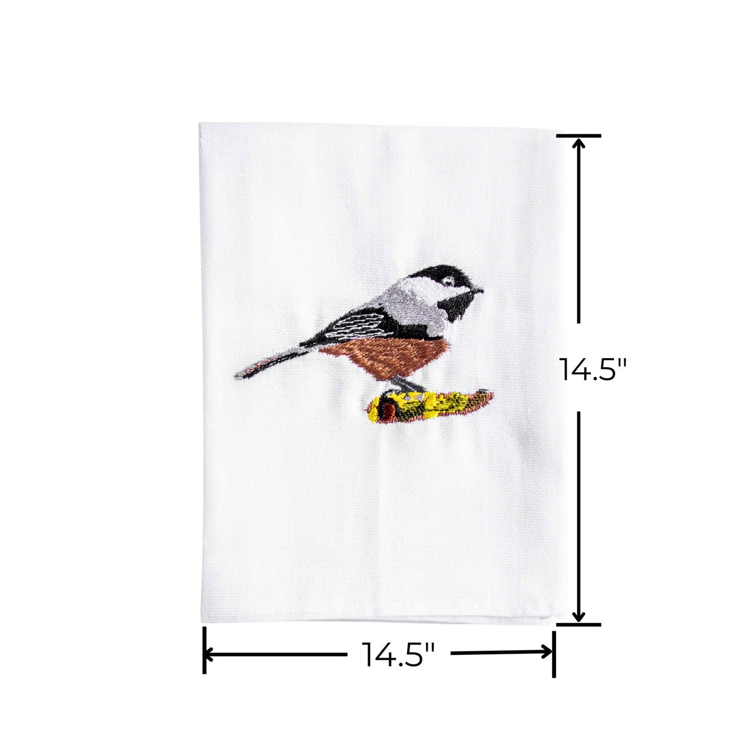 Bird embroidered cotton kitchen napkin close-up on white
