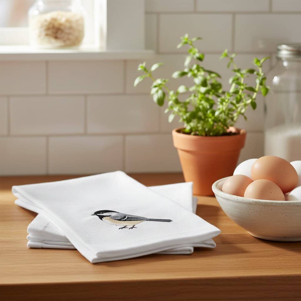 Goldfinch embroidered cotton tea towel flat lay