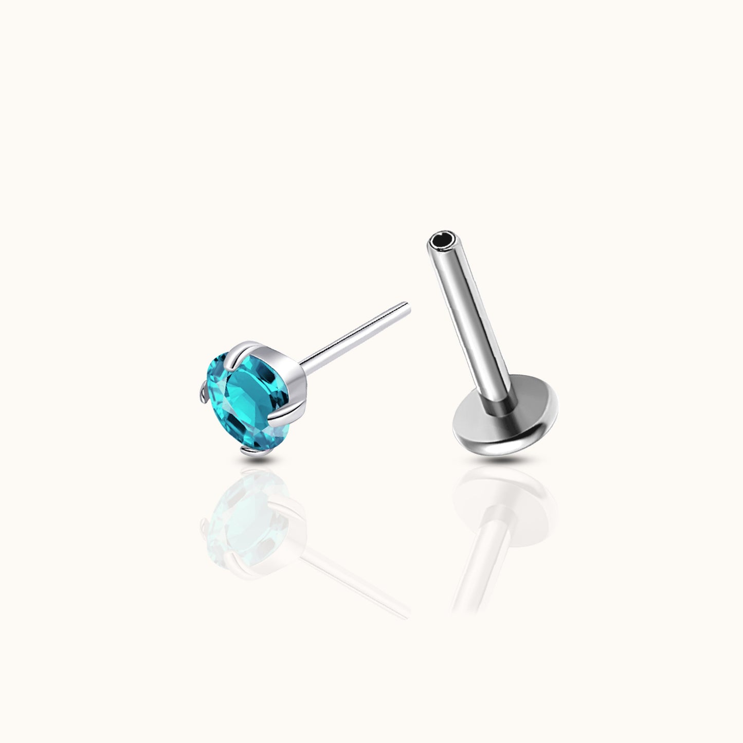 Classic Aquamarine CZ 3mm Threadless Labret Titanium Flat Back Earring