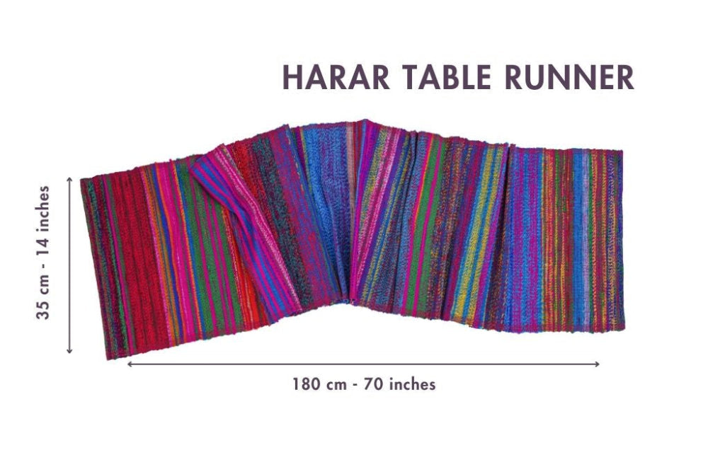 Colorful striped Harar table runner with dimensions on a white background