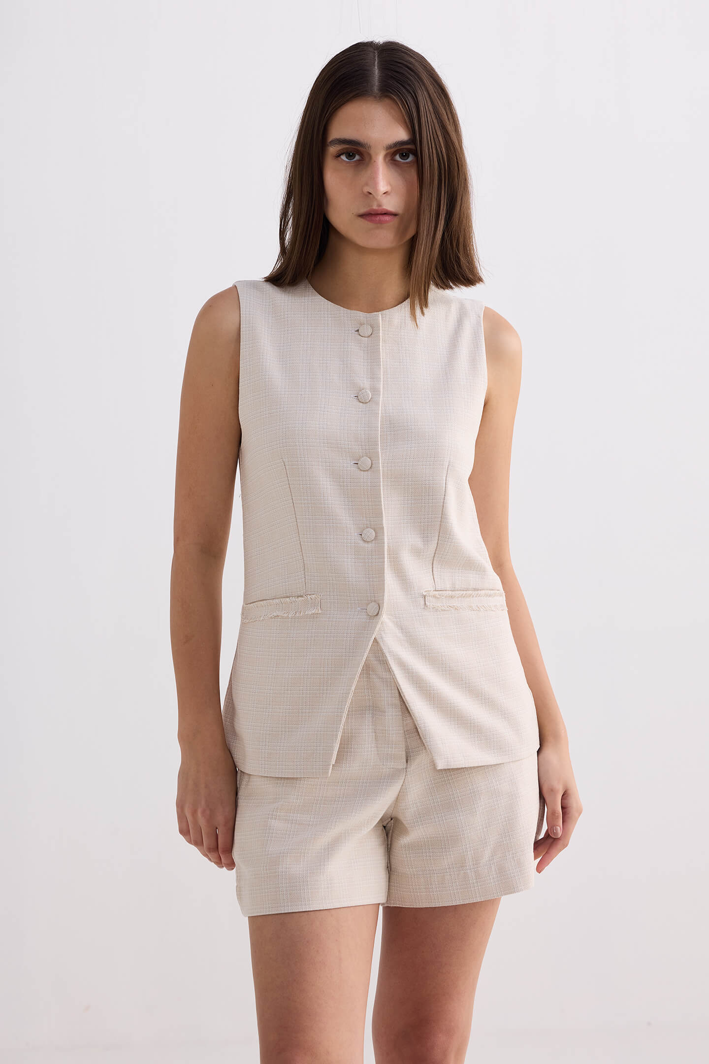 Cotton Tweed Vest Jacket in Cream Medium Shot