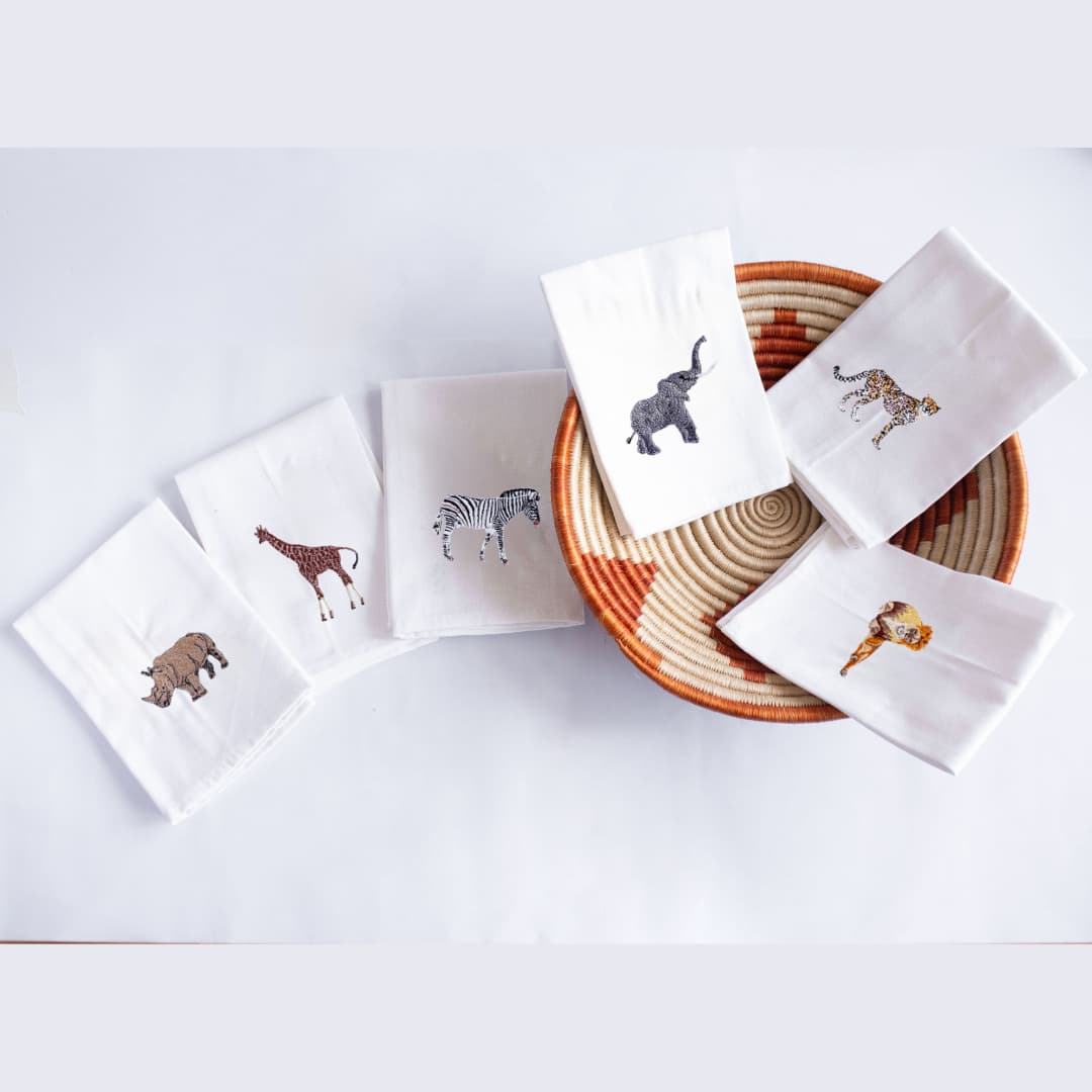 African wildlife embroidered cotton cloth napkins — Fair Trade handmade