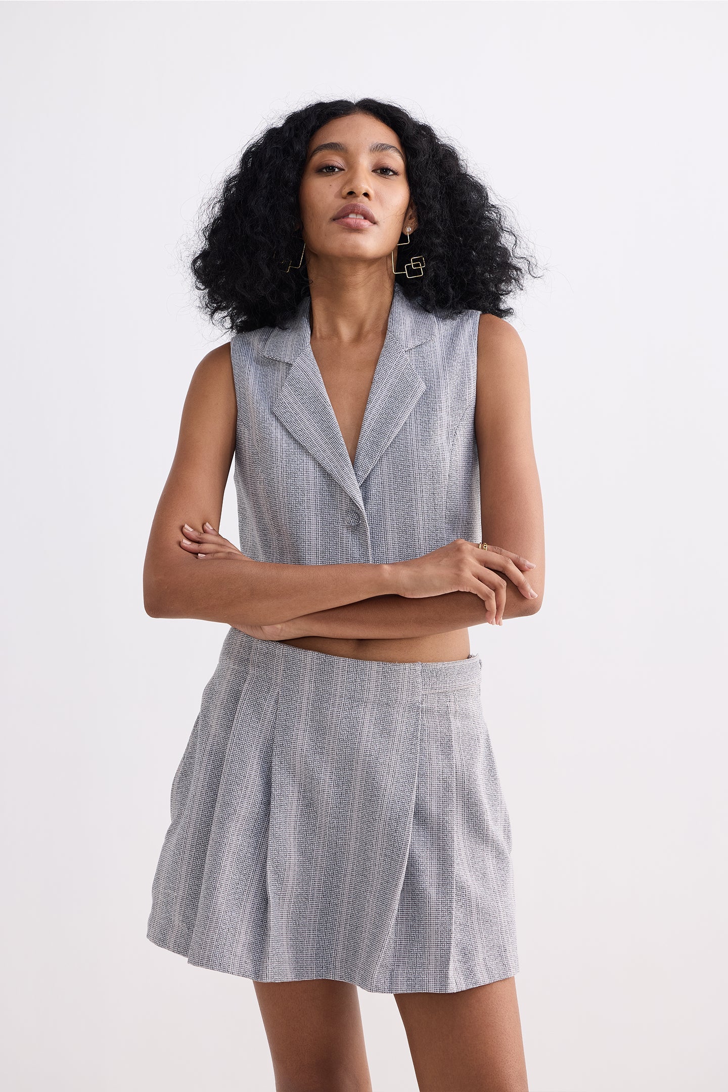 Cropped Cotton Tweed Vest Set in Grey Front