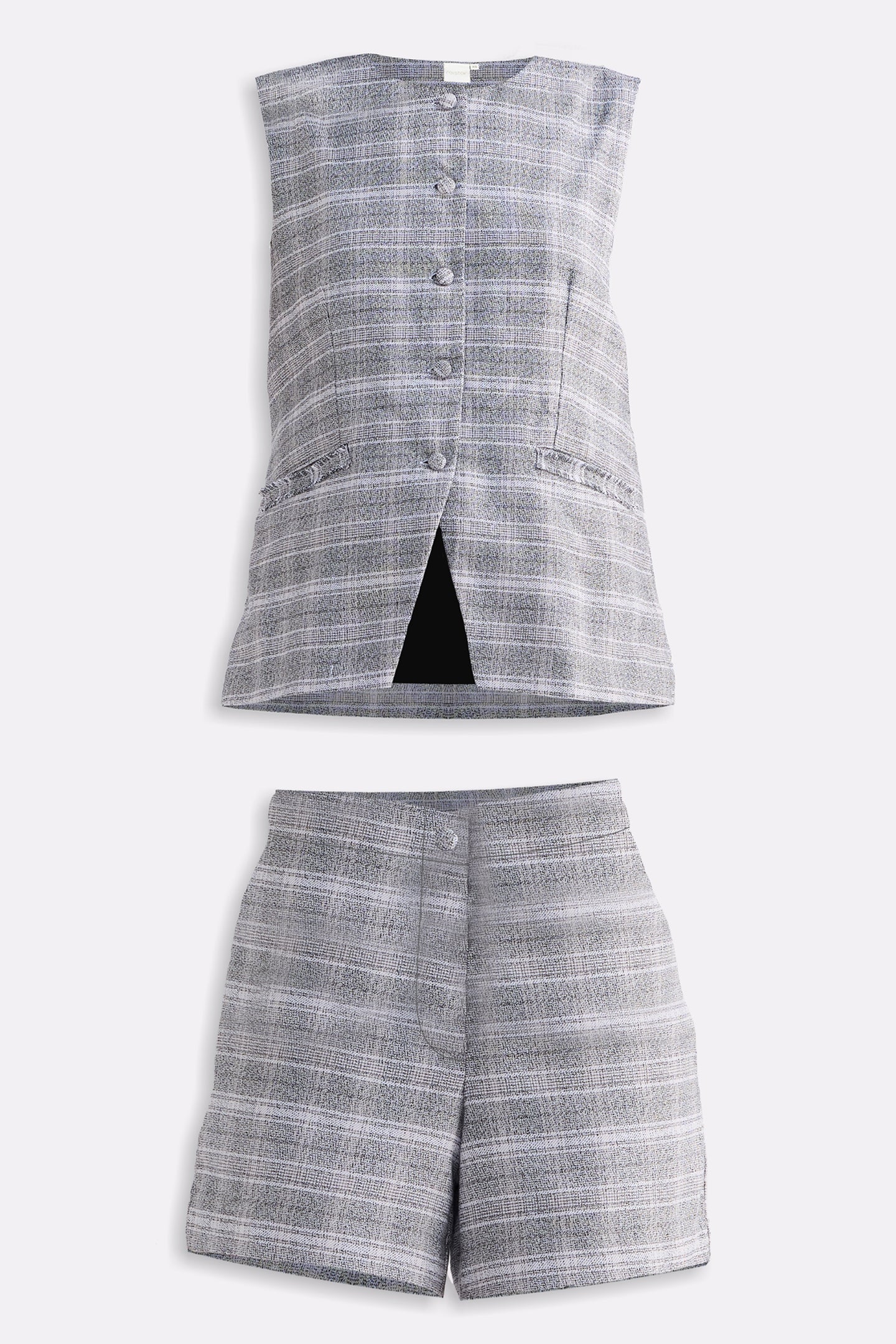 Cotton Tweed Vest Jacket Set in Grey