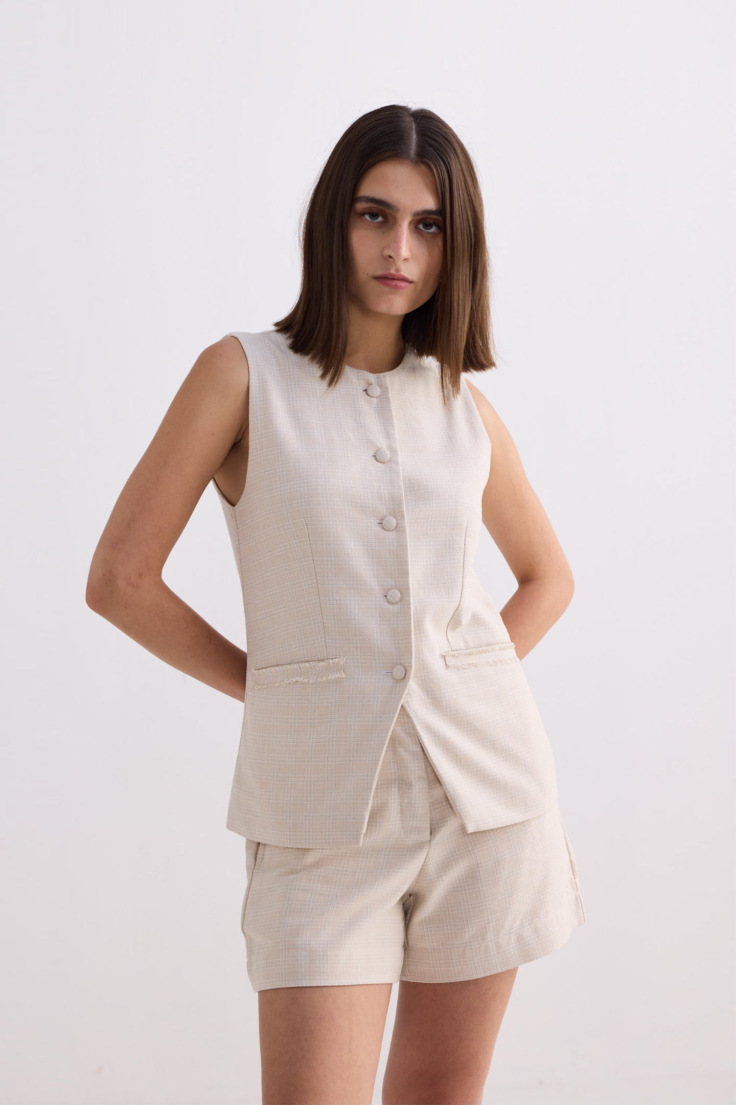 Cotton Tweed Vest Jacket in Cream Medium Shot