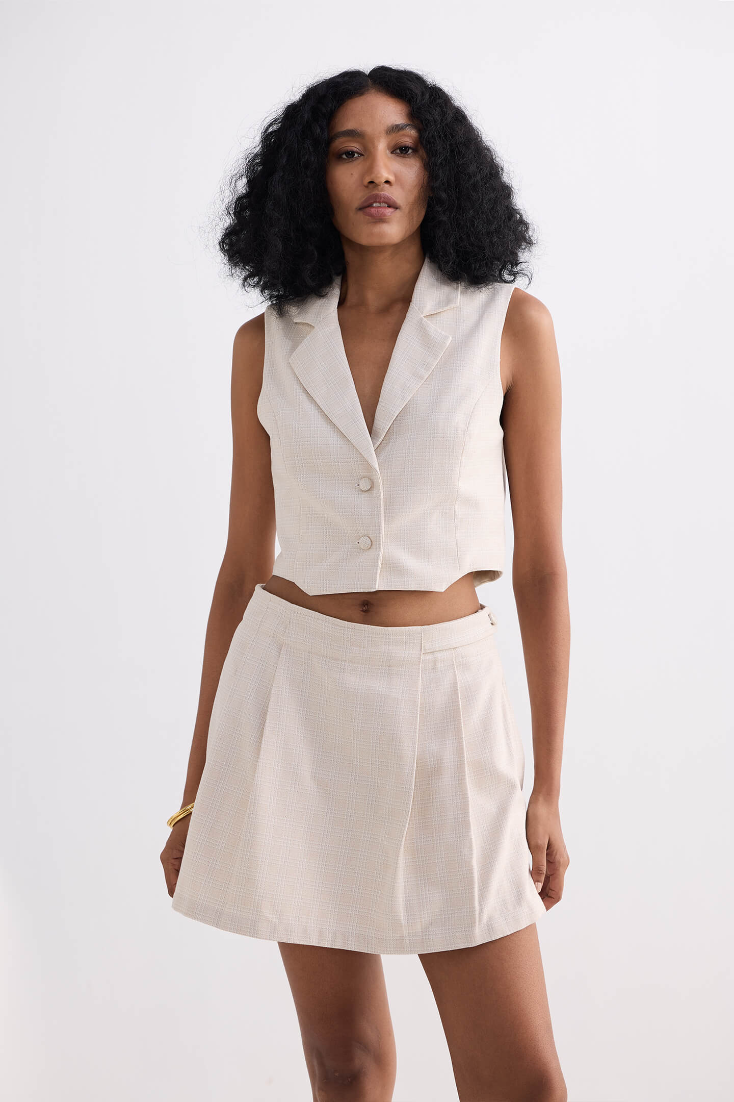 Cropped Cotton Tweed Vest in Cream Front