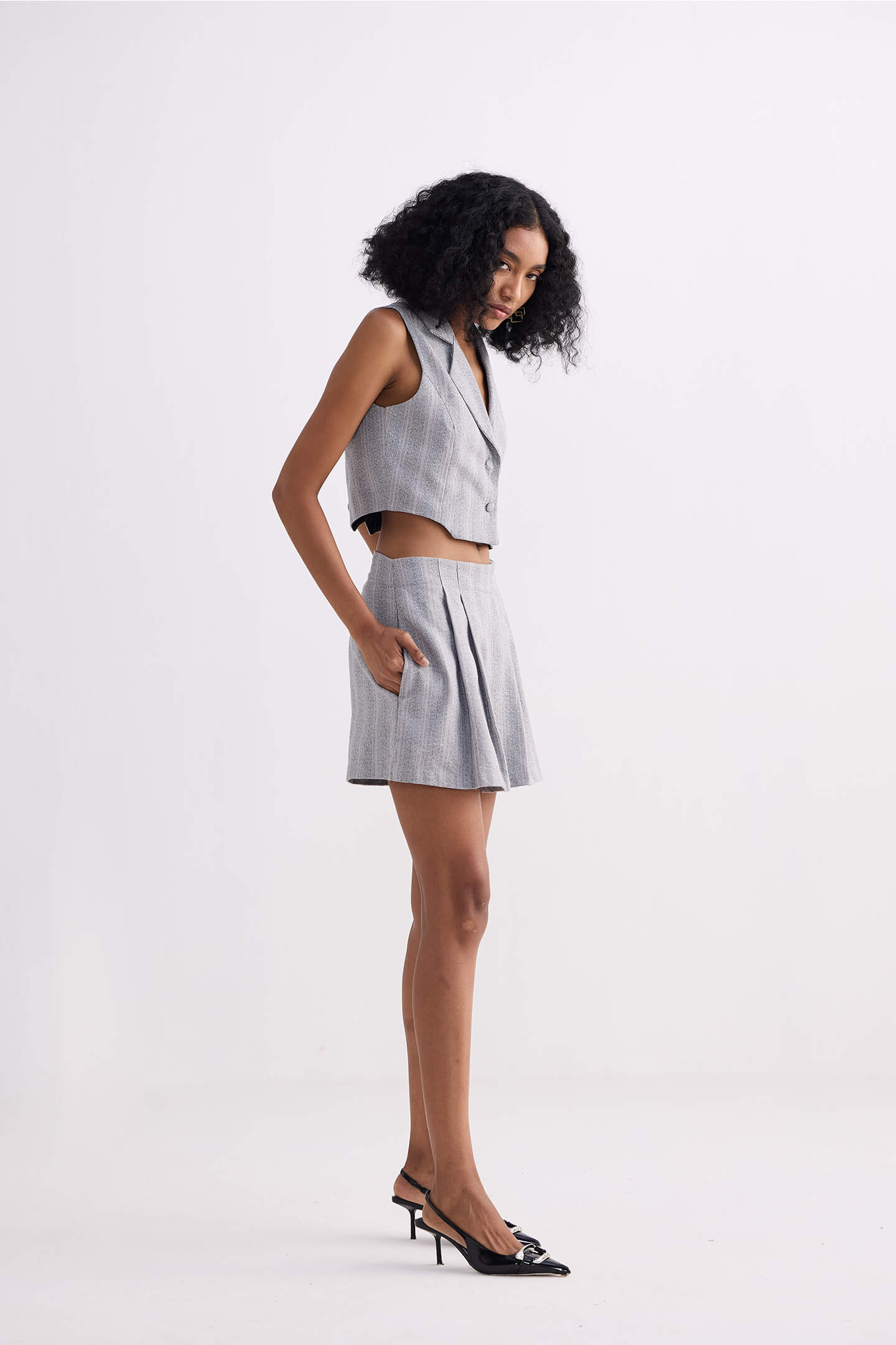 Cropped Cotton Tweed Vest in Grey Side