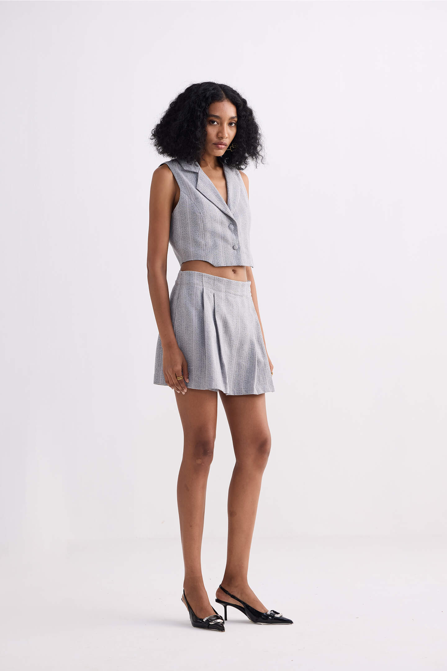Cropped Cotton Tweed Vest in Grey Side