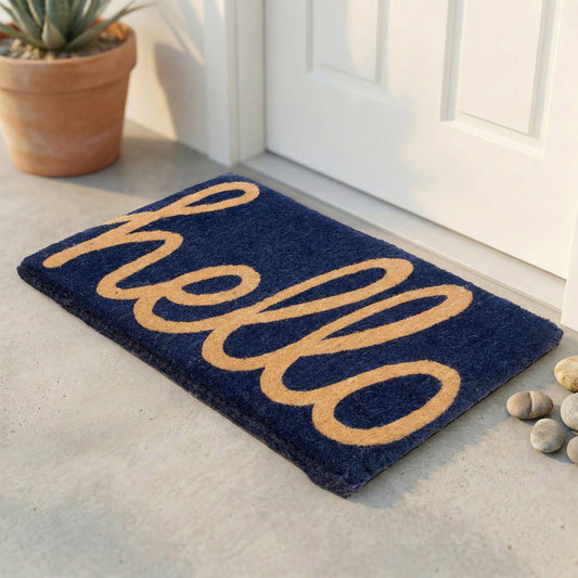 Cursive Hello Dark Blue Coir Doormat
