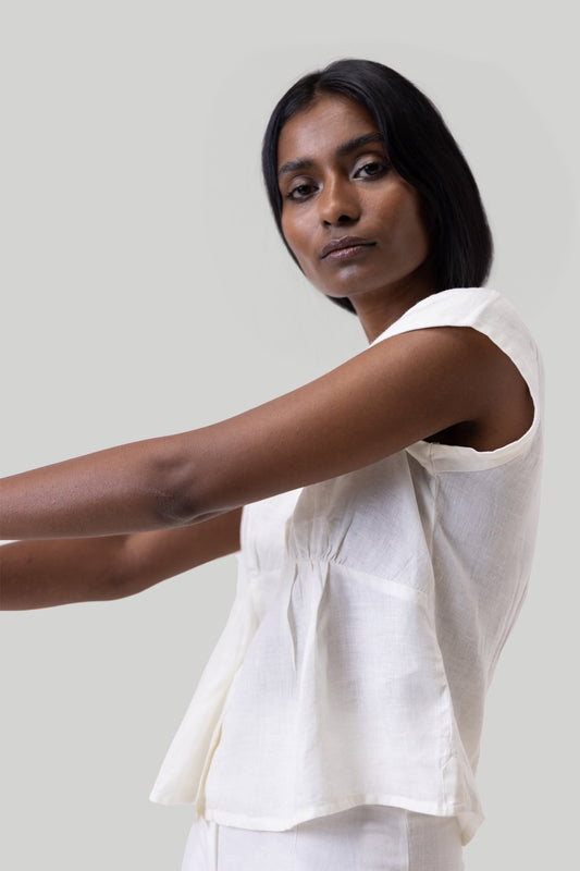 Deep V-neck short off-white top 03