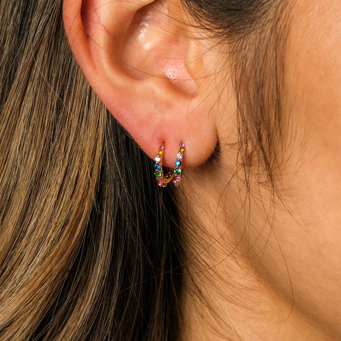 Multicolored Rainbow CZ Tiny Hoop Earrings