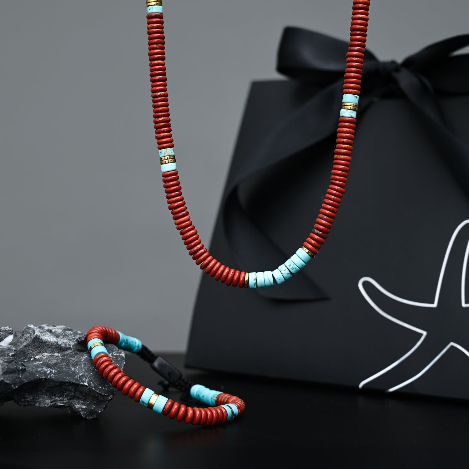 Men's turquoise and red beaded jewelry set, men's necklace and bracelet pairing, gift wrapping, Christmas gifts for men, Father's day gift ideas