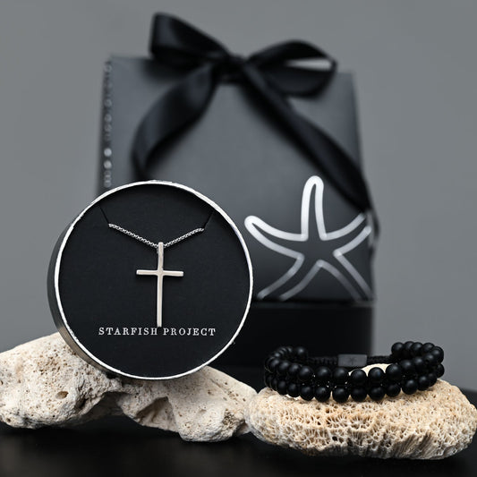 Men's gift set, silver cross necklace, black beaded bracelet, gift set deal, jewelry for men, jewelry presents for men