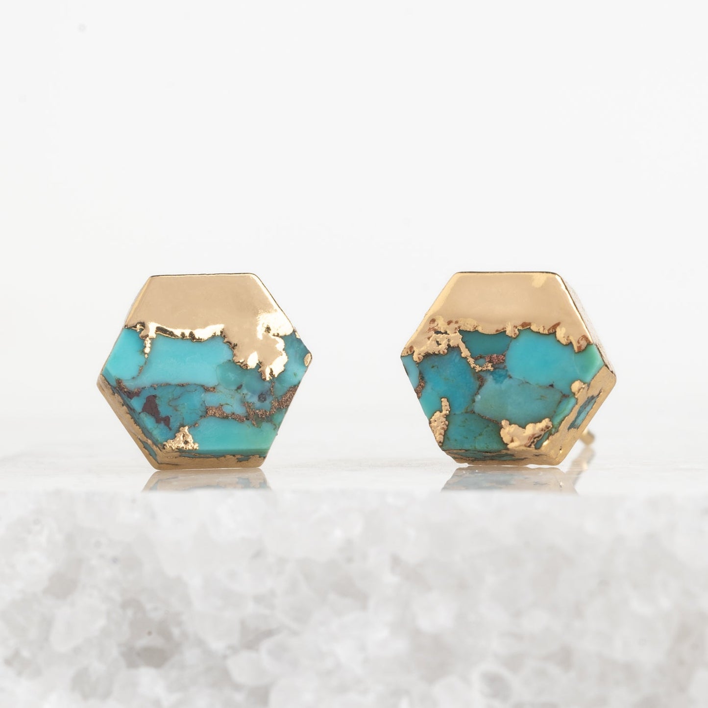 Set of 14k gold-plated studs, fair trade high quality cute earrings with unique turquoise stones set against a marble background. great Christmas present (Xmas gift), Mother's Day gift
